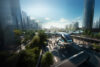 A futuristic urban air mobility vehicle hovers above a busy city street landing pad, with pedestrians walking below, surrounded by modern architecture and green spaces under a bright, cloud-streaked sky, signifying innovative urban transportation solutions.