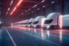 A row of futuristic electric semi-trucks parked in a warehouse with ambient red lighting, reflecting a modern, energy-efficient fleet ready for transportation, with a sleek sports car in the foreground.