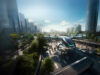 A futuristic urban air mobility vehicle hovers above a busy city street landing pad, with pedestrians walking below, surrounded by modern architecture and green spaces under a bright, cloud-streaked sky, signifying innovative urban transportation solutions.