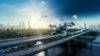 A futuristic eVTOL (electric Vertical Takeoff and Landing) aircraft flying over an elevated highway above a river, with a verdant landscape and a city skyline on the horizon, bathed in the warm glow of the rising sun.
