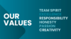 Our Values - Team spirit, excellence, responsibility, honesty, passion, creativity
