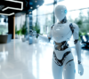 A homanoid robot is standing in the entrance hall. The hand is stretched out to symbolize a warm welcome
