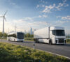 AI generated image with a bus and a truck on the streets with greenery and windhweels Mobile