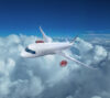 Commercial aircraft flying above a cloud layer at cruising altitude, representing aerospace engineering, sustainable aviation, and future air mobility technologies.