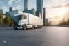 Modern long-haul truck driving through an urban environment, representing sustainable freight transportation, logistics innovation, and next-generation commercial vehicle technologies.